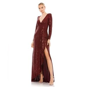 Ieena for Mac Duggal 26395 NWT SEQUINED FAUX WRAP LONG SLEEVE GOWN